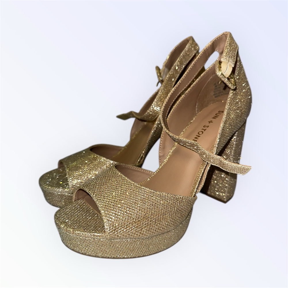 Sun + Stone Glittering Gold Platform Heels